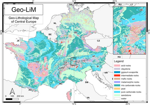 Figure 4. The Geo-LiM map. The colors used to distinguish the different lithologies were derived from the lithologic legend adopted by the United States Geological Survey (USGS) for the geologic maps of US states and made available by USGS together with the RGB codes in the web (https://mrdata.usgs.gov/catalog/lithclass-color.php).