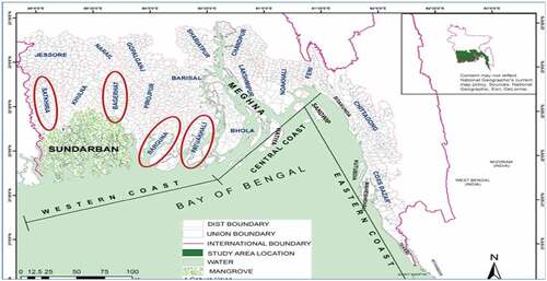 Figure 1. Map of study area (Source: (Quader et al., Citation2017), Note: Studied districts are marked with red colour.