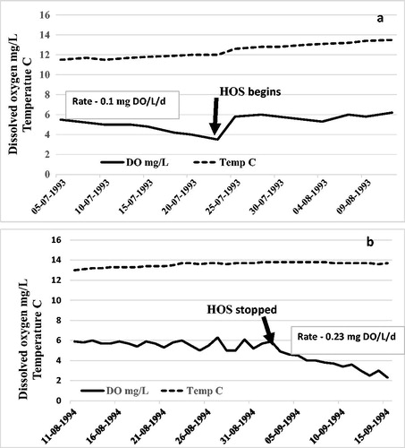 Figure 6. Dissolved oxygen (DO) and temperature at the bottom near the Speece cone during off/on tests in 1993–1994. (a) In 1993 DO rose rapidly and remained constant after HOS was switched on in July 1993. Temperature rose slightly. (b) In 1994 when HOS was switched off DO fell rapidly while temperature rise ceased.