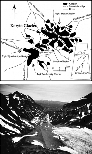 FIGURE 1 (Top) Location of the Koryto Glacier in the Kronotsky Peninsula, eastern Kamchatka. (Bottom) Northwestward view of the Koryto Glacier Valley in mid-August 1999.