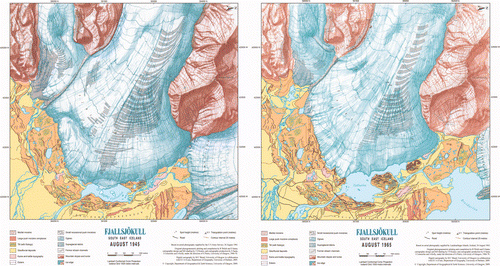 Figure A1. Maps of Fjallsjökull and its foreland in 1945 and 1965. The maps will be made available for downloading from the Glasgow departmental website (http://www.ges.gla.ac.uk) at 1:30,000 scale on A2 size paper (both maps side by side) or A3 size paper (single maps). A high quality version of this map is available online at: http:///www.informaworld.com/RSGJ