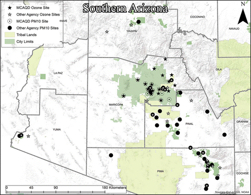 Figure 3. Map of southern Arizona including location of all O3 and PM10 monitoring stations used for data purposes in the study. The two largest metropolitan areas on this map are Phoenix, located in Maricopa County, and Tucson, located in Pima County to the south.