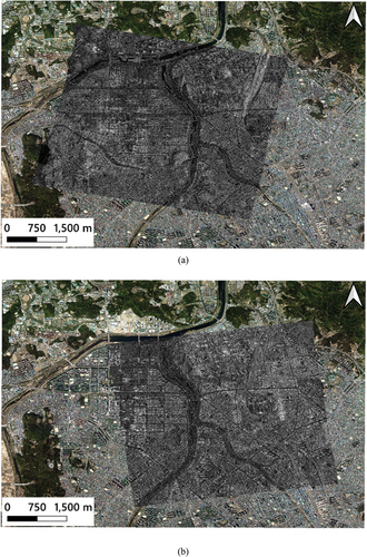 Figure 8. Ortho-rectified SAR images with improved geocoding accuracy by applying the N-MC model overlaid on the aerial orthoimage: (a) SAR image #1 and (b) SAR image #2.