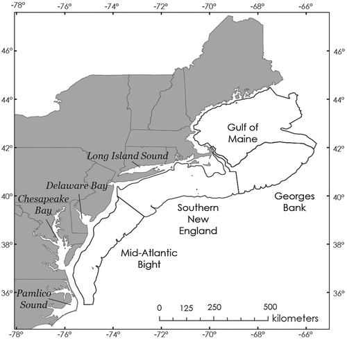 FIGURE 1. Map of the Northwest Atlantic continental shelf system, with major subregions and estuaries labeled.