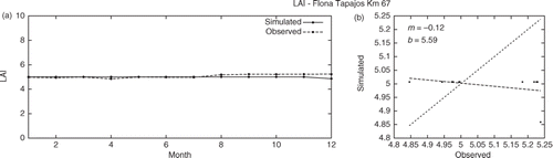 Figure 10. Results of LAI after mono-objective calibration. The graphs represent (a) a year of monthly data and (b) scatter plot.
