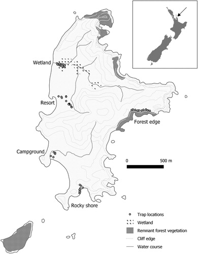 Figure 1. Rat trapping locations in five habitat types on Slipper Island, New Zealand.