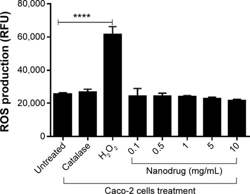 Figure 6 Effect of nanodrug on ROS production in Caco-2 cells.Notes: Cells were exposed to 0.1–10 mg/mL concentration of nanodrug for 24 hours. At the end of incubation, ROS assay was performed. The fluorescence was detected at 485 nm excitation and at 528 nm emission spectra. Catalase was used as antioxidant control, and H2O2 was used as positive control. Data are expressed as mean ± SE of RFU values of four independent experiments. A value of P<0.0001 was indicative of significance (****). There was no statistical significance between treated groups and control.Abbreviations: ROS, reactive oxygen species; RFU, relative fluorescence unit; SE, standard error.
