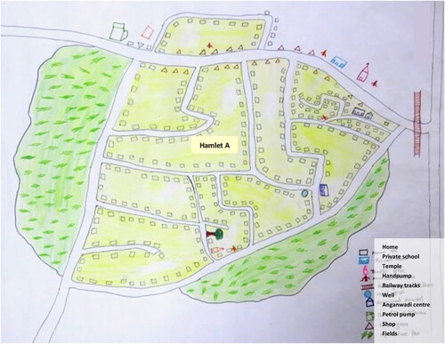 Figure 3. Social map of village 3, Rampur district. [Caste groups by hamlet: A (all groups – GC, OBC Muslim and Hindu, and SC harijan)].