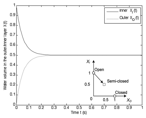 Figure 7 Illustration of the capture process. The water rapidly flows into the outer layer, and the open trap (XI, XO) = (1, 0) moves to the semi-closed state [(XI, XO) = (0.5, 0.5)] in 0.3 s.