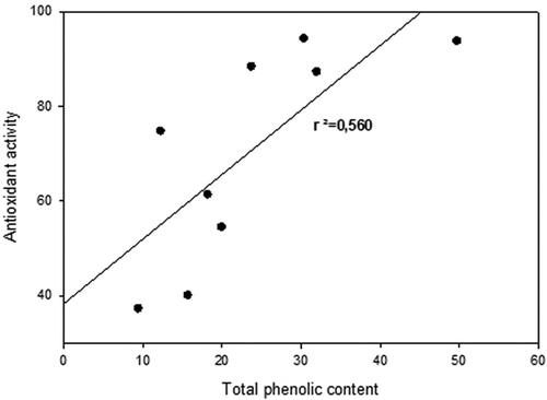 Figure 3. Correlation between total amounts of identified phenolic compounds (mg g−1 FW) and antioxidant activity (%).