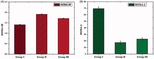 Figure 6. The homeostasis model valuation for insulin resistance (A) and HOMA for β-cell (B) in GDM and CS–ZnO–RS treated rats.