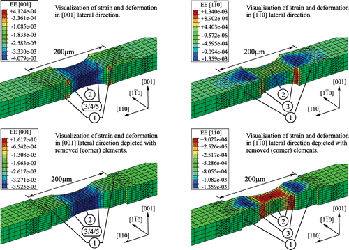 Figure 6. Strain field corresponding to the (004) and (440) RSM pattern including a scaling factor of 100 and 60 for the deformation into lateral [110] direction and [001] direction respectively. Essential but underlying parts of the strain field were enhanced by removing the outer elements in the 200 µm irradiated area and the disturbing corners at the central zone.