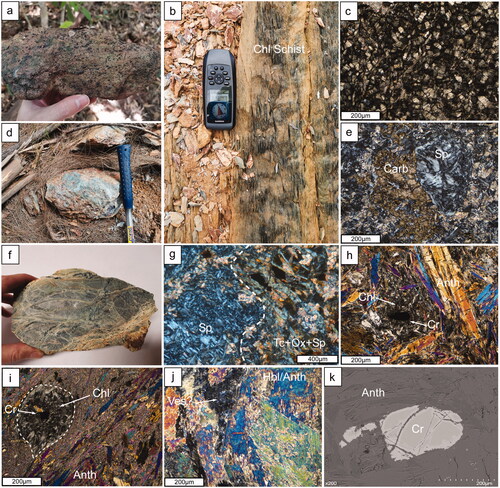 Figure 2. Compilation of field photographs and photomicrographs from the COC. (a) Chlorite schist with abundant, large secondary magnetite crystals. (b) Intense chlorite alteration (‘blackwall’ alteration) occurring along a steeply east-dipping thrust zone. (c) Photomicrograph showing complete chloritisation of protolith peridotite. Relict, equigranular grain textures have been retained. (d) Deeply weathered chlorite schist. (e) Photomicrograph of a Mg-rich serpentine (fibrous) carbonate–talc altered rock. Alteration was texturally destructive. (f) Serpentinised ultramafic rock from the COC. Multiple generations of crosscutting veins contain serpentine minerals. (g) Photomicrograph depicting multiple serpentine generations. An earlier assemblage of talc–oxide–serpentine (right side) is progressively overprinted by massive serpentine (left side). The dotted line tracks the alteration front of the later serpentinisation event. (h, i) Photomicrographs of anthophyllite schist characterised by elongate, prismatic anthophyllite grains that surround porphyroclasts, replaced by chlorite, with cores of chromite. (j) Coarse-grained hornblende gabbro. Hornblende is partly replaced by anthophyllite or tremolite. Interstitial berlin blue mineral may be vesuvianite. (k) Backscatter image of a zoned (altered) chromite grain surrounded by prismatic anthophyllite. Chromite alteration is late and fracture-controlled, and its formation does not reflect a primary magmatic process.