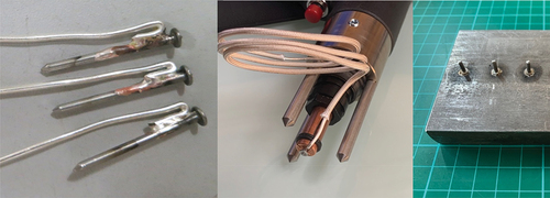 Figure 2. Left – pre-soldered stud connections ahead of installation, Mid – modified stud gun head. Right – rapidly welded stud array (minus wiring).