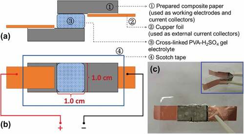 Figure 2. Configuration of the EDLC with VGCNF-ink/paper composite sheets as working electrodes and a piece of cross-linked PVA-H2SO4 gel as electrolyte and separator: (a) side view, (b) top view and (c) digital images of the assembled EDLC