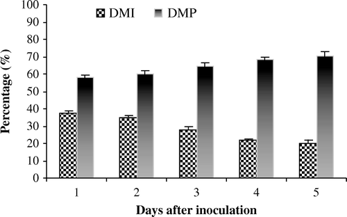 Figure 3.  Effect of seed treatment with Viscum album aqueous extract and time gap inoculation with Sclerospora graminicola. Percentage of downy mildew incidence (DMI) and downy mildew disease protection (DMP) are the means of two experiments. Bars indicate the standard error of the mean value.
