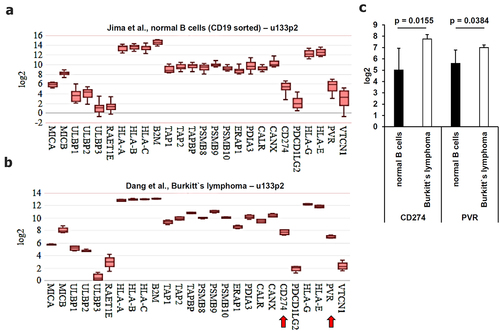 Figure 4. Comparative analysis of the gene expression patterns of molecules involved in immune surveillance and immune modulation derived from microarray data. Microarray data were analyzed as described in Material and Methods. The mean expression values were calculated for (A-C) genes involved in immune surveillance and in immune modulation. Statistically significant deregulated genes were marked by a red arrow. These results were summarized in (C) including the calculated p values.