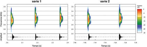 Figura 7. Espectrogramas y oscilogramas del canto de anuncio del holotipo (ZSFQ 4150) de Pristimantis morlaco sp. nov. LRC = 25.5 mm, temperatura = 14.3°C, humedad relativa = 89.2%, velocidad del viento = 0.5 m/s. Las figuras corresponden a las series 1 (izquierda) y 2 (derecha) que componen al canto.