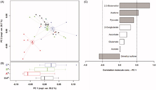 Figure 1. rPCA model built on the metabolomic space constituted by the concentration of the molecules showing a significant difference among the dietary treatments (Ctrl = CON, A, B, and C). In the scoreplot (A), samples from the four groups are represented with different geometric shapes. The wide, empty circles represent the median of each group. The position of the samples along PC 1 is summarised in the boxplot (B). The loading plot (C) reports the correlations between the concentration of each metabolite and its importance over PC 1. Grey bars highlight significant correlations (p < .05).