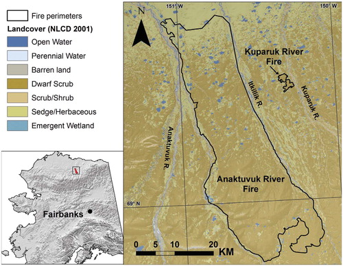 FIGURE 1. Location and dominant land cover (CitationHomer et al., 2007) of the Anaktuvuk River and Kuparuk River wildfires of 2007.