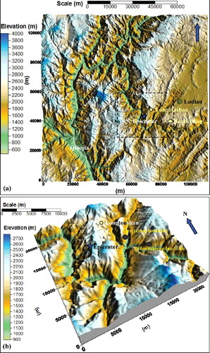 Figure 2. Three-dimensional visualization of the study area: (a) Ludian County and Qiaojia County and (b) seriously affected areas of the Ludian earthquake.