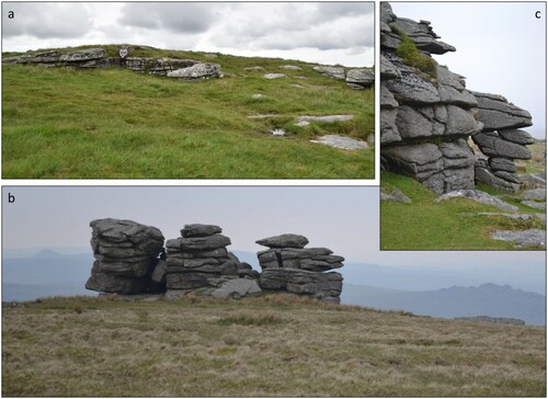 Figure 3. Examples of tor types using the classification scheme of Evans et al. (Citation2012): a) Type 2 on Broad Down, 2 km northwest of Postbridge, northern Dartmoor; b) Type 1, Little Mis Tor; c) Type 1 tor stack/cantilevered blocks, Great Mis Tor.