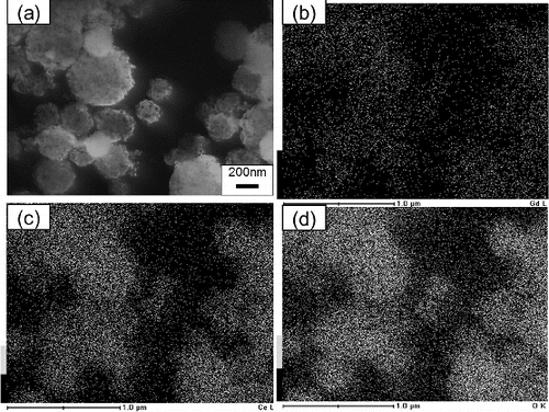FIG. 7. (a) SEM images of Gd0.1Ce0.9O1.95 particles synthesized using CNA-USP method at Cc = 16 g L−1 and EDX images of (b) Gd, (c) Ce, and (d) O contained in them, at Ctotal = 0.02 mol L−1, TH = 1073 K, and tr = 9.4 s.