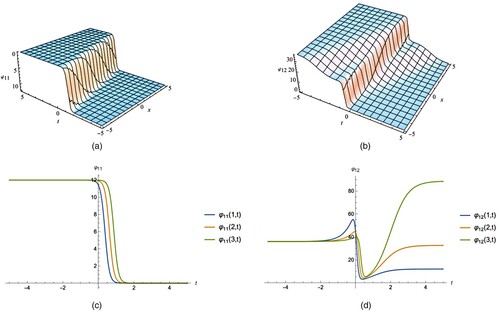 Figure 1. (a) The one soliton wave solution, (b) the two soliton wave solution, (c) the 2D plot of the one soliton wave and (d) the 2D plot of the two soliton wave.