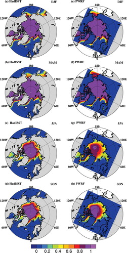 Fig. 1 (a) to (d) Four seasons mean sea-ice concentration (shading) from the observed HadISST data; (e) to (h) as in (a) to (d) but from the HadGEM2-ES to be prescribed in the Polar WRF simulation. The blue boxes in (e) to (h) indicate the model domain used in the simulation of Polar WRF.