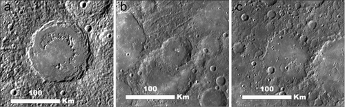 Figure 3. Type-localities for the three crater classes found within the H03 quadrangle. (a) ‘Ahmad Baba’ crater (232°E, 58°N) c3 class. (b) ‘Whitman’ crater (249°E, 41°N) c2 class. (c) Unknown crater (239°E, 47°N) c1 class.