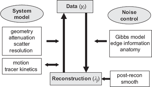 Figure 1. Illustration of elements involved in iterative reconstruction. Estimated projections are established using forward projection with knowledge of the system model that can incorporate multiple parameters. The iterative update also utilises the system model but is penalised in order to favour a smooth solution; alternatively post-reconstruction smoothing can be applied.