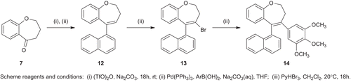 Scheme 3.  Synthesis of benzoxepin 14. Scheme reagents and conditions: (i) (TfO)2O, Na2CO3, 18 h, rt; (ii) Pd(PPh3)4, ArB(OH)2, Na2CO3(aq), THF; (iii) PyHBr3, CHCl2, 20°C, 18 h.