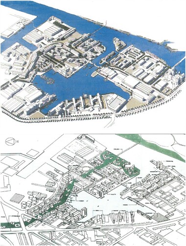 Figure 3. The beginning of a new mixed-use development approach. On the top, illustration from Plan 2010 by the Harbour, showing a bridge connecting Sluseholmen and Teglholmen and a variety of office and residential buildings mainly formed as long blocks, referring to typical harbour warehouse buildings (Havn and Kjærsgaard Citation1997). On the bottom, illustration from the local plan (Københavns Kommune Citation1998), adding a green wedge and more housing.