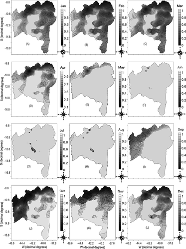 Figure 5. Thematic maps of the fuzzy classification of mean monthly relative air humidity for the state of Bahia. Jan – (A); Feb – (B); Mar – (C); Apr – (D); May – (E); Jun – (F); Jul – (G); Aug – (H); Sep – (I); Oct – (J); Nov – (K); Dec – (L)); Pertinence with values close to or equal to 0 – Less climatic favorability for the development of conilon coffee; Pertinence with values close to or equal to 1 – Greater climatic favorability for the development of conilon coffee