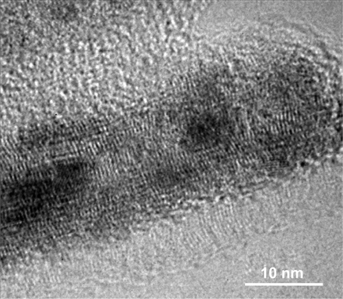 Figure S3 HRTEM of AgNP-filled hydrogen titanate nanotubes after 10 days silver release.Abbreviation: HRTEM, high-resolution transmission electron microscope; AgNP, silver nanoparticle.