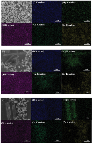 Figure 5. SEM image and EDS spectra of glaze sample heat treated at 1230°C: (a) M1, (b) M3, (c) M5.