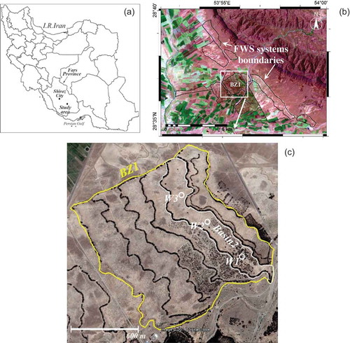 Figure 1. (a) Location of the floodwater spreading (FWS) project in Iran. (b) General view of the study area in Gareh-Bygone Plain (obtained from RGB742 of a Landsat5 image of 21 October 2014). (c) Location of the study site, the second basin of the Bisheh Zard1 (BZ1) FWS (taken from Google Earth, 24 October 2016). W1–W3 are the experimental wells. Black curved lines and black spots are tree plantations. The first upstream earth dike of BZ1 starts from the top right and the flood flows from northeast to southwest.
