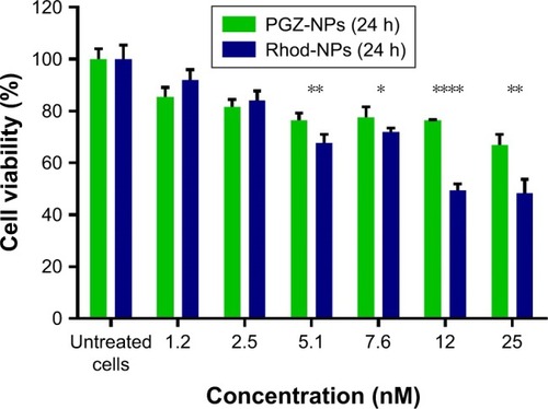 Figure 2 hCMEC/D3 cell viability measured by AB assay when exposed to 1.2–25 nM (0.5–10 µg/mL) PGZ-NPs and Rhod-NPs for 24 hours.Notes: Data are shown as percentage of control (cell culture medium) which represents the maximum cell viability. Data are compared for each concentration of Rhod-NPs vs PGZ-NPs *P<0.05, **P<0.01, ****P<0.0001 by Student’s t-test (n=3).Abbreviations: hCMEC/D3, human cerebral microvascular endothelial cell; AB, alamar blue; PGZ-NPs, PGZ-loaded nanoparticles; Rhod-NPs, Rhod-nanoparticles.