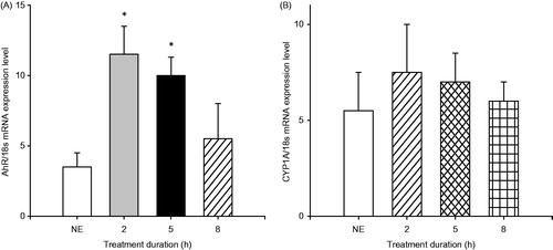 Figure 1. Effect on relative (A) AhR and (B) CYP1A1 gene expression in PBMC exposed to TNFα (10 ng/ml) for different durations. Mean [±SD] of six independent experiments is shown. mRNA for selected genes were assessed using qRT-PCR and normalized against 18s rRNA. *p < 0.05 versus non-exposed cells (NE). NE = cells exposed to vehicle control. As no significant differences were found between cells exposed to vehicle control after 5 or 8 h of exposure, only data from the 2 h of exposure is shown.