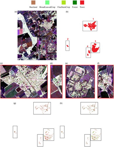 Figure 10. (a) Pauli RGB image of the second PolSAR image; (b) the ground truth reference map in the four rectangular boxes; (c) – (f) the four rectangular boxes with 3 times magnification; (g) – (h) the labels of key pixels labeled as Town in the ground truth reference map before and after reclassification.