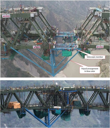 Fig. 8: Arch closure by tripod and telescopic struts. Photos by Chenab Bridge Project Undertaking (U/o AFCONS Infrastructure Limited)