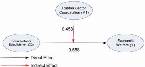 Figure 4. Effects of moderation in the rubber sector coordination on the effects of the social network establishment on economic welfare