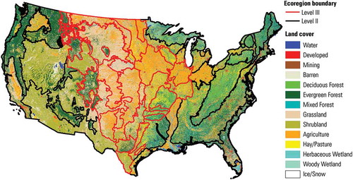 Figure 1. Ecoregions used as the spatial framework for modeling. In the Great Plains and upper Midwest, models were parameterized and run for each Level III ecoregion (27 ecoregions in total). Due to a reduction in resources, models were parameterized and run at the Level II ecoregion scale in the western and eastern US. The base land cover in the figure is the modified 1992 NLCD.