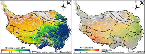 Figure 4. Vegetation parameters (2001–2010 average): (a) growing season (May–September) NDVI and (b) green-up date.