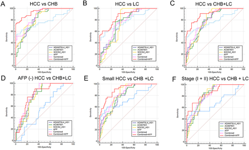 Figure 3 Area under receiver operating characteristic curves (AUROCs) of lncRNAs and AFP for differentiating the HBV-related HCC group from the HBV-associated with non-HCC groups. (A) HCC from CHB (B) HCC from LC (C) HCC from CHB+LC. ROC curve analysis for the individual lncRNAs or AFP or their combinations in the diagnosis of (D) AFP negative HCC patients, (E) small HCC patients and (F) early-stage HCC patients from CHB+LC.