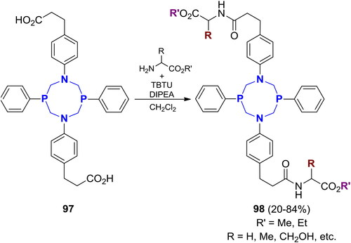 Scheme 63. Functionalization of the cyclo-P2,N2-acetal, derived from 3-(4-aminophenyl)propionic acid, by coupling with amino acid esters.