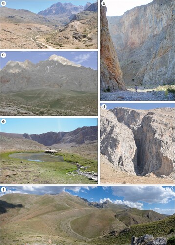 Figure 8. Field photo plate of western Aladağlar. (a) Emli and (c) Yalak glacio-fluvial outwash deposits. (b) Maden and (d) Cinbar are deeply incised canyon valleys. An example of (e) moraine dammed glacial lake in the upper parts of Maden Valley. (f) Panoramic view of the lateral moraines in Körmenlik Valley (see Figure 1 for location).