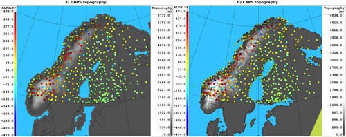 Fig. 12 (left) GDPS and (right) CAPS topography (grey shading, metres) over Fennoscandia, and altitude difference between the model topography and station elevations (colour dots, metres).