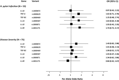 Figure 2. Results of logistic regression modelling of associations between six functional, candidate and both disease severity and H. pylori infection in Caucasian adults with primary ITP. No statistically significant associations were observed.
