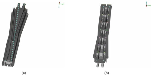 Figure 3. (a) Retained nodes on the running surface of the crossing rail. (b) Retained nodes for the rail–sleeper fastenings on the bottom surface of the crossing rail. Between the positions for each sleeper, two longitudinal ribs reinforcing the reduced cross sections of the rail can be seen.